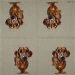 Open view of the Dog Buddy linen decoupage napkin showing four repeating dachshund motives.