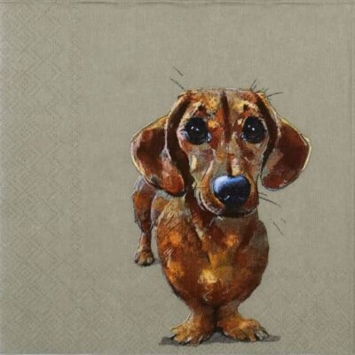 Close-up detail of the Dog Buddy linen decoupage napkin showing a dachshund dog illustration.