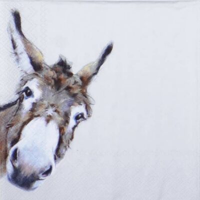 Close-up detail of the Donkey Gonzo grey decoupage napkin showing a painted donkey head