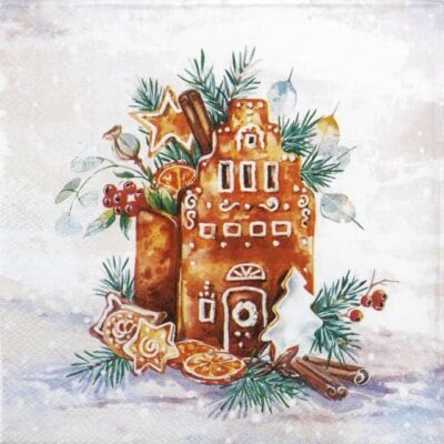 Quarter view showing the festive IHR gingerbread house motif with winter greenery and spices.