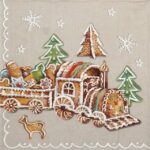 Gingerbread Valley decoupage napkin with gingerbread train, icing‑decorated houses, festive trees and reindeer on a cream background.