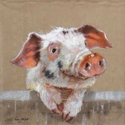 Close-up detail of the Pig Ruffy light brown decoupage napkin showing a piglet over a fence