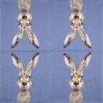 Open view of the Rabbit Buster blue decoupage napkin showing four repeating rabbit motives