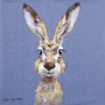 Close-up detail of the Rabbit Buster blue decoupage napkin showing a painted rabbit head with long ears