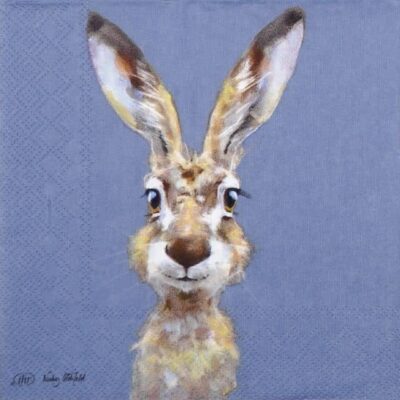 Close-up detail of the Rabbit Buster blue decoupage napkin showing a painted rabbit head with long ears