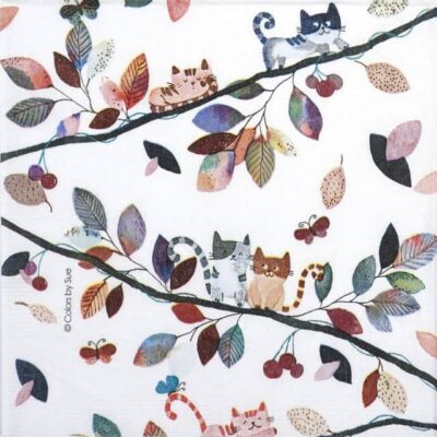 Close-up detail of the Fall-Cats decoupage napkin showing playful cats on autumn branches