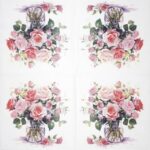 Rose Bouquet in Vase Napkins 20 Pack fully opened showing the Mazzetto di Rose rosa floral design with soft pink roses arranged in a clear glass vase and fresh green leaves.