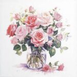 Pink rose bouquet in vase decoupage napkin quarter‑fold showing soft pink roses in a clear glass vase with green leaves in elegant Ti‑Flair style (Mazzetto di Rose rosa).
