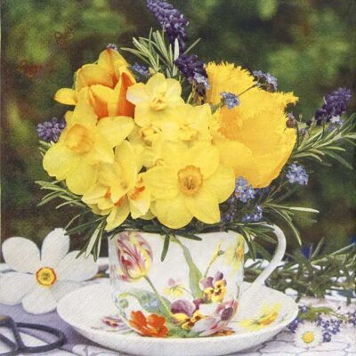 Single Paper Napkin - Yellow Bouquet in Vintage Cup