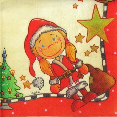 Vintage Christmas Tale Paper Napkin – Cute Santa Girl & Gingerbread Decoupage Paper