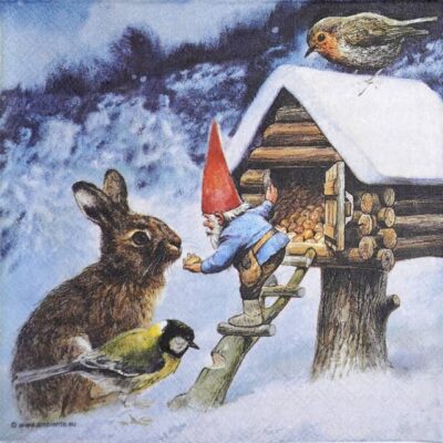 Single Decoupage Napkin - Gnome feeding animals