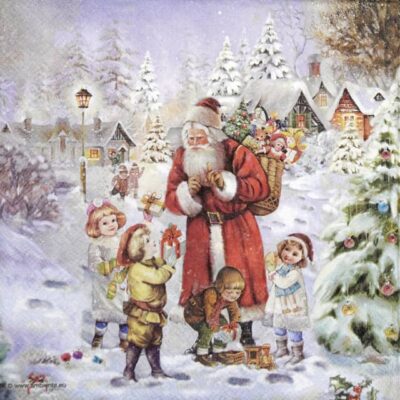 Cocktail Decoupage Napkin - Santa bringing presents