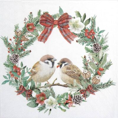 Cocktail Decoupage Napkin - Sparrows in wreath