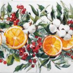Winter Oranges Decoupage Napkin, close-up view featuring watercolor orange slices, holly berries, and cotton bolls on a white background.