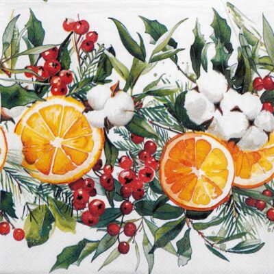 Winter Oranges Decoupage Napkin, close-up view featuring watercolor orange slices, holly berries, and cotton bolls on a white background.
