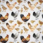 Lunch Decoupage Napkin Lucky Chickens: Full repeating all-over pattern of various realistically rendered chickens, hens, and chicks on a white background