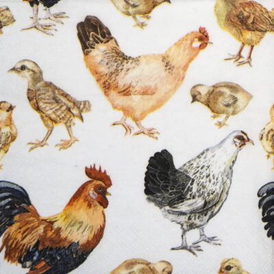 Lunch Decoupage Napkin Lucky Chickens: Close-up showing a detailed illustration of a rooster, brown hen, and small chicks in a realistic style.