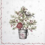 IHR Christmas Tree Present Cream paper napkin with potted Christmas tree, bird and festive JOY tag
