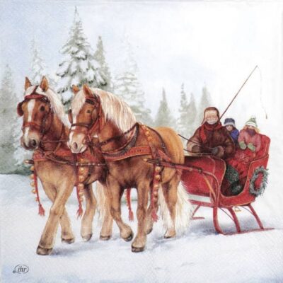 Quarter view of the Winter Sleigh Ride decoupage napkin showing the sleigh and snowy forest.
