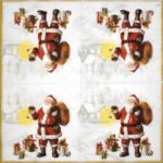 Happy Santa Napkins 20 Pack with repeating traditional Santa design holding a glowing lantern and toy sack, ideal for festive table décor, parties and decoupage workshops.