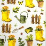 Gardening decoupage napkin featuring yellow boots, garden tools, and watering cans on a white background.