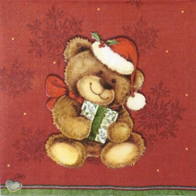 Single Decoupage Napkin - Christmas Teddy red
