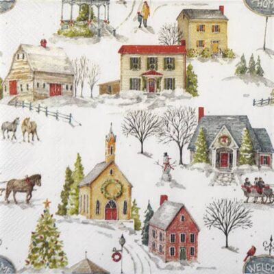 Single Decoupage Napkin - Snowy Village cream
