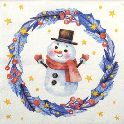Single Decoupage Napkin - Cute snowman in garland