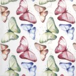 Lunch Decoupage Napkin Farfalle Felici Multicolore: Close-up of various pink, blue, orange, and yellow watercolor butterflies fluttering against a white background with color splatters.
