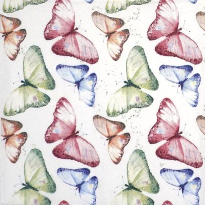 Lunch Decoupage Napkin Farfalle Felici Multicolore: Close-up of various pink, blue, orange, and yellow watercolor butterflies fluttering against a white background with color splatters.