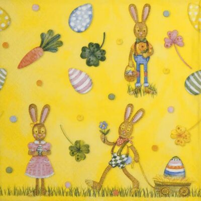Cocktail Decoupage Napkin - Playful Bunnies yellow