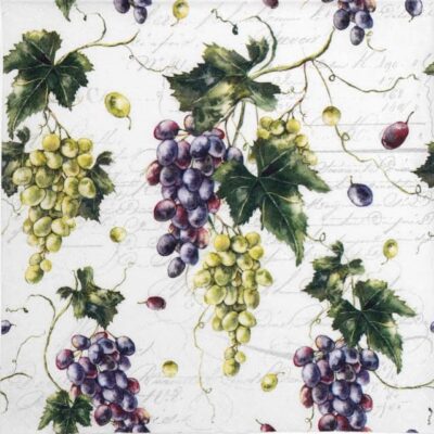 Close-up detail of the Vignes and Feuilles decoupage napkin showing purple grapes and vintage script