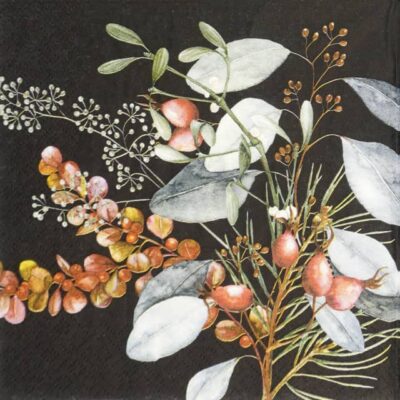 Single Decoupage Napkin - Ruusunmarja & Lehdet black