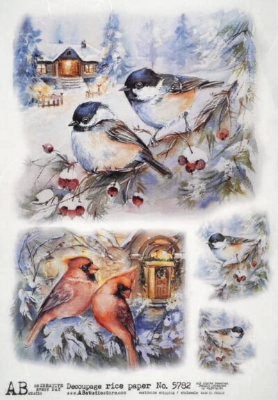 AB Studio Decoupage Rice Paper  A/4 - Birds Perched on Branches With Red Berries - 5782