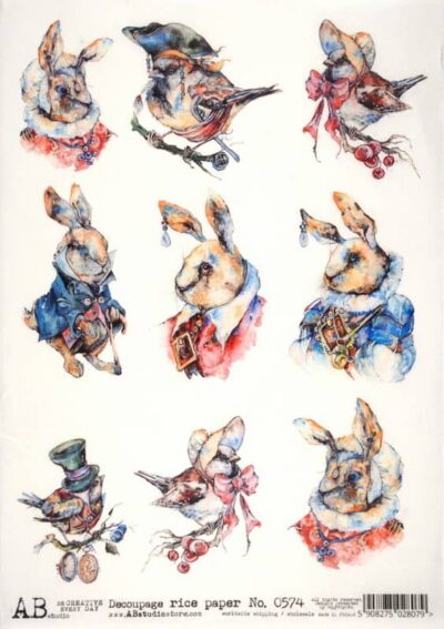AB Studio Decoupage Rice Paper A/4 - Dressed Bunnies and Birds - 0574