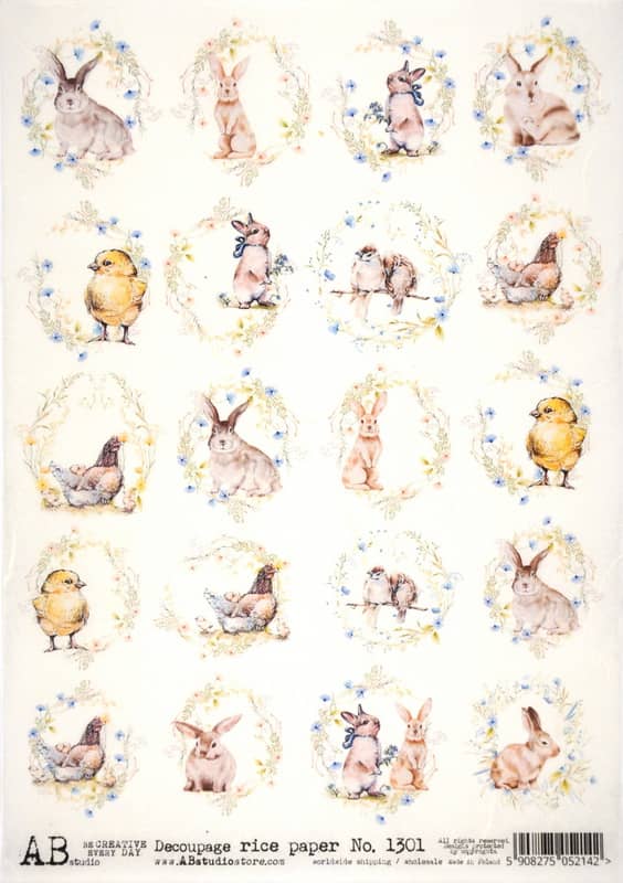 AB Studio Decoupage Rice Paper A/4 – Easter Animals – 1301