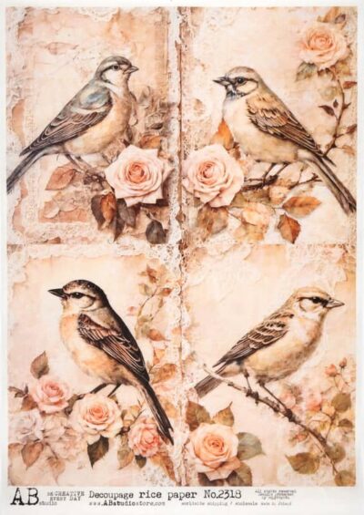 AB Studio Decoupage Rice Paper  A/4 - Birds and Roses - 2318