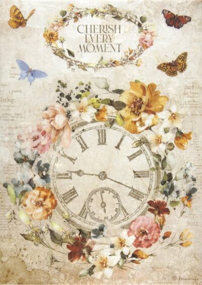Stamperia Rice Paper A4 Garden of Promises Cherish Every Moment Clock DFSA4689