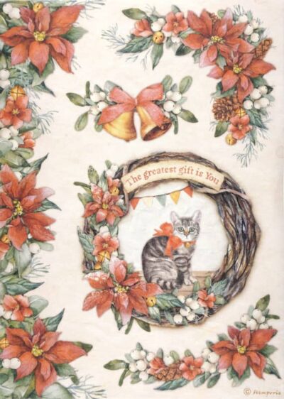 Stamperia Rice Paper A4 - All Around Christmas Garland with Cat DFSA4803