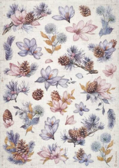 Stamperia Rice Paper A4 - Create Happiness Dewdrops pinecones and flowers - DFSA4974