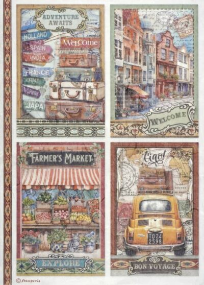 Stamperia Rice Paper A4 - Art of Travelling - 4 Cards - DFSA4979