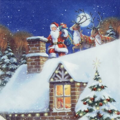 Paper Napkin - Santa on Rooftop with Reindeer