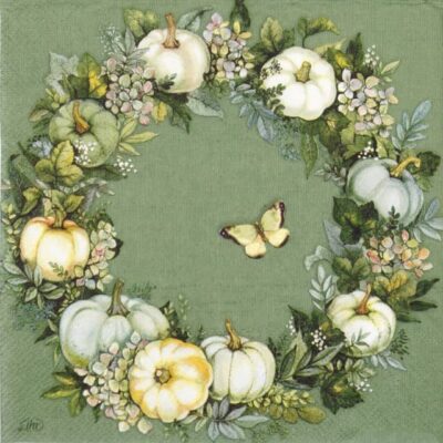 Single Decoupage Napkin - Pumpkin Wreath green
