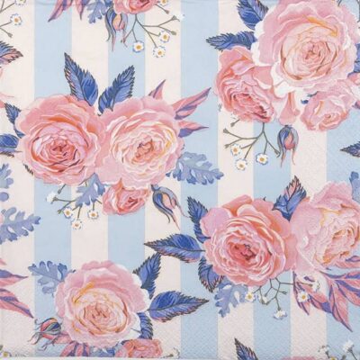 Single Decoupage Napkin - Pink Roses on Blue Stripes
