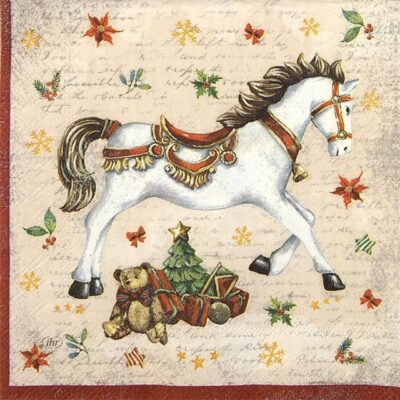 Single Decoupage Napkin - Festive Horse cream