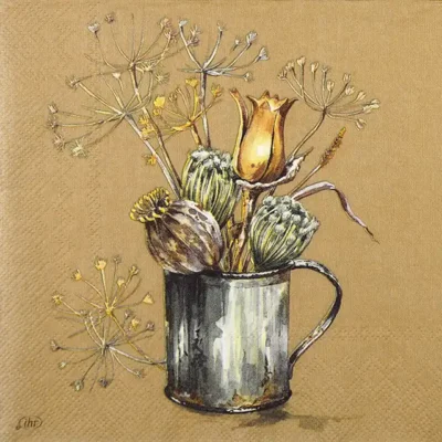 Single Decoupage Napkin - Flowers in a Pot brown