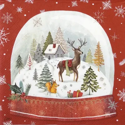 Single Decoupage Napkin - Snow Globe red