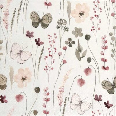 Single Decoupage Napkin - Delicate Flowers with Butterflies burgundy