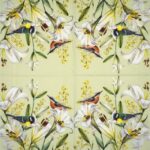 Unfolded 20 pcs lunch paper napkins pack birds and lilies showing a four-panel pattern for table decor.