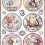 Stamperia Decoupage Rice Paper A/4 - Alice in Wonderland Rounds - DFSA4766. A sheet showing various circular motifs with Alice in Wonderland characters and vintage elements.